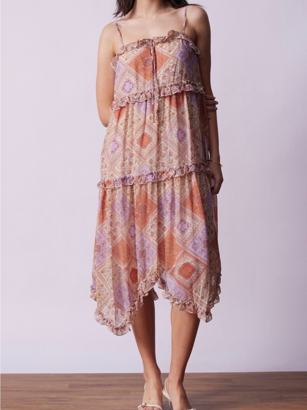 June & Hudson Patchwork Asymmetrical Ruffle Boho Midi Dress Size M NWT